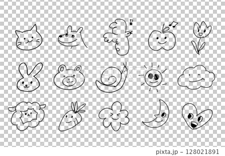 手書き線画のかわいい動物と自然アイコン詰め合わせセット 128021891