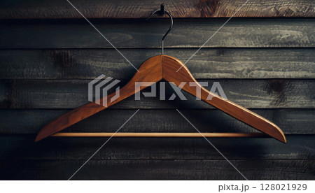 木製ハンガーとダークな木壁の背景素材 ／ クラシックで上質感のあるインテリアデザイン向けビジュアル 128021929