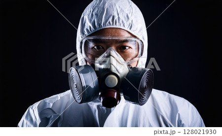 防護服とガスマスクを着用した人物のポートレート ／ 危機管理や災害対策をテーマにした訴求素材 128021930