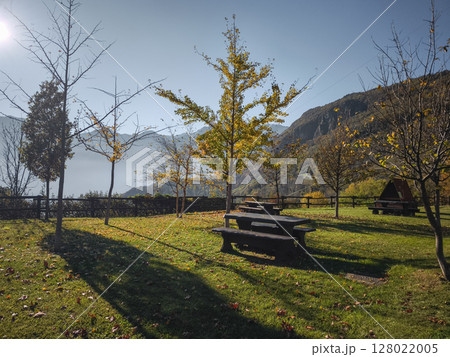 Sunlit autumnal park featuring golden foliage, rustic picnic tables, mountain backdrop in scenic aosta, italy during november targnod 128022005
