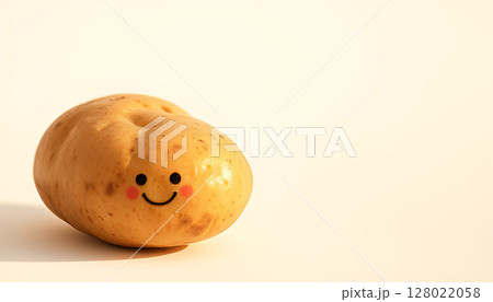 Cute potato with smiling face and rosy cheeks on a light beige background, symbolizing happiness, fun, and playful food concept with soft natural lighting and simple composition 128022058
