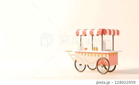 Vintage style food cart with wheels, decorated with ice cream cone illustrations, beige background Vintage style food cart with wheels, decorated with ice cream cone illustrations, beige background 128022059