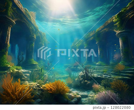 水中都市の遺跡- 海底に沈む都市の遺跡。珊瑚や魚たちが遺跡と調和し、光が水面から差し込む 水中都市の遺跡- 海底に沈む都市の遺跡。珊瑚や魚たちが遺跡と調和し、光が水面から差し込む 128022080