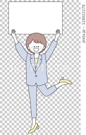 ホワイトボードをかわいく掲げるスーツ姿の女性イラスト 128022278