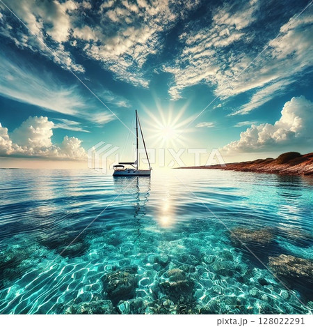 静かな海に漂うヨット / Yacht floating in calm sea 静かな海に漂うヨット / Yacht floating in calm sea 128022291