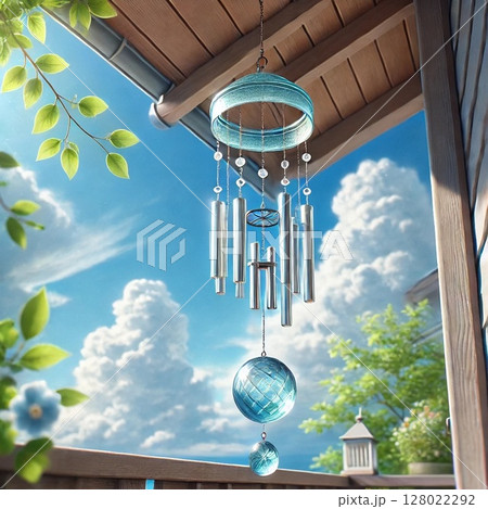 夏空に揺れるガラス風鈴 / Summer wind chime in blue sky 夏空に揺れるガラス風鈴 / Summer wind chime in blue sky 128022292