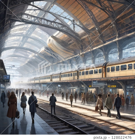 ユニークな構造の駅と出発する人々 128022476