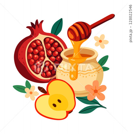 Rosh Hashanah. Jewish New Year. Pomegranate, apple and honey. Vector isolated illustration 128022546