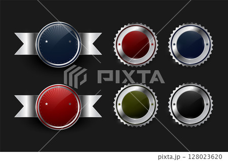 retro style circular insignia metal badge symbol in set 128023620