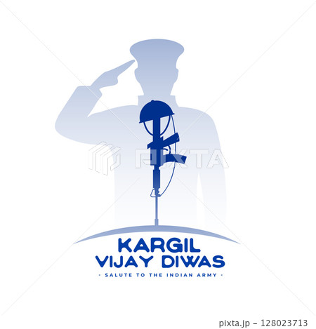 kargil vijay diwas patriotic background with saluting solider silhouette 128023713