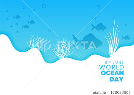 international ocean day event poster with blue seascape and aquatic life 128023805
