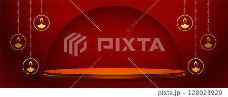 indian festival diwali banner with 3d podium for product display 128023920