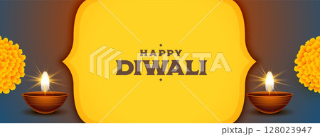 happy diwali holiday banner with shiny diya and floral design 128023947