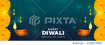 happy diwali occasion banner with oil lamp and floral design vector happy diwali occasion banner with oil lamp and floral design vector 128023993