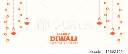 happy diwali festival banner with hanging diya design vector happy diwali festival banner with hanging diya design vector 128023994