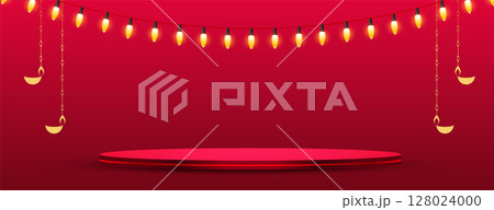 shubh diwali banner with 3d podium platform and light festoon design vector 128024000