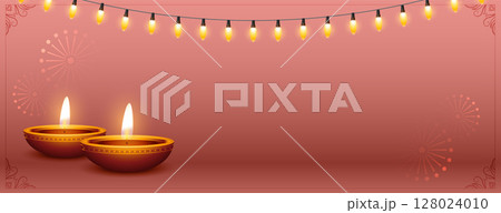 Happy diwali wishes banner with diya and text space Happy diwali wishes banner with diya and text space 128024010