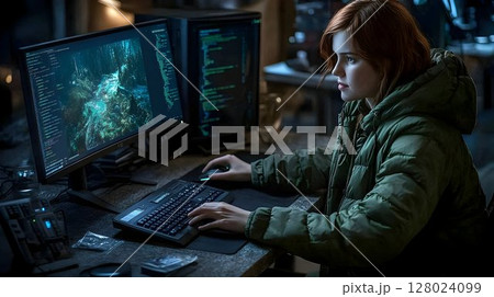 Focused programmer working late at night on computer project 128024099