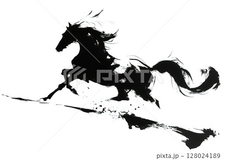 墨で描いた 躍動感がある馬が走るイラスト 128024189
