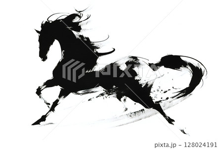 墨で描いた 馬が走るイラスト 128024191