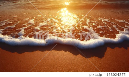 Ocean wave foam on sandy beach at sunset warm colors and soft light 128024275