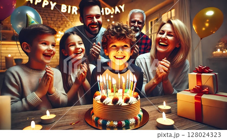 少年のお誕生日を祝う家族　誕生日ケーキと少年 128024323