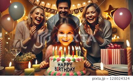 家族に誕生日を祝ってもらう女の子　誕生日ケーキと少女 128024324