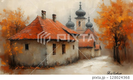 Autumnal village scene rustic houses and church in misty landscape 128024368
