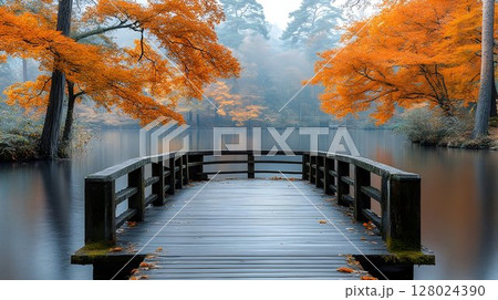 Wooden bridge autumn scene misty water orange trees peaceful nature photography 128024390