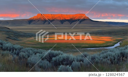 Stunning sunset landscape panorama vibrant colors scenic horizon 128024567