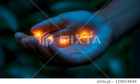 Glowing fireflies resting on a hand at night 128024649