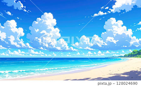 青い海と白い砂浜のビーチ　アニメ風 128024690