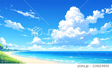 青い海と白い砂浜のビーチ アニメ風 青い海と白い砂浜のビーチ アニメ風 128024692