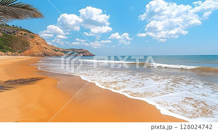Serene beach vacation paradise soft blurred ocean and sky view 128024742