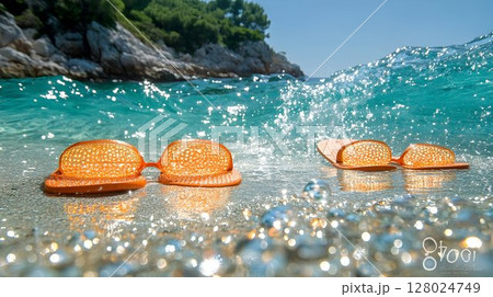 Calming ocean scene orange rocks teal water summer beach 128024749