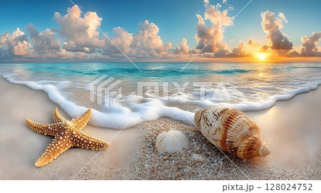 Summer vacation seashells beach city skyline sunrise scene 128024752