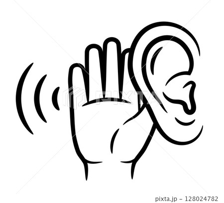 Ear hearing, deafness, listen noise holding hand near head, sound sensory perception organ health problem line icon. Eavesdrop conversation, secret information, curiosity communication gesture vector Ear hearing, deafness, listen noise holding hand near head, sound sensory perception organ health problem line icon. Eavesdrop conversation, secret information, curiosity communication gesture vector 128024782