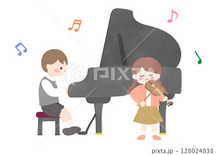 ピアノを弾く男の子とバイオリンを弾く女の子　音楽発表会のイラスト 128024838