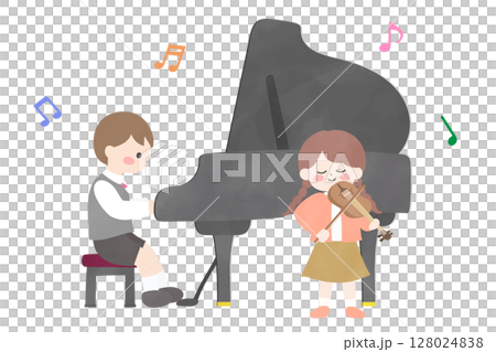 ピアノを弾く男の子とバイオリンを弾く女の子　音楽発表会のイラスト 128024838