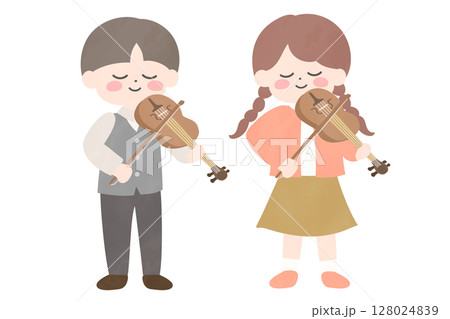 並んでバイオリンを弾く男の子と女の子のイラスト 並んでバイオリンを弾く男の子と女の子のイラスト 128024839
