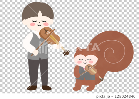 一個男孩和一隻松鼠並肩拉小提琴的插圖 一個男孩和一隻松鼠並肩拉小提琴的插圖 128024840