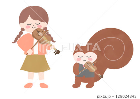 並んでバイオリンを弾く女の子とリスのイラスト 並んでバイオリンを弾く女の子とリスのイラスト 128024845