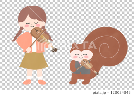 並んでバイオリンを弾く女の子とリスのイラスト 並んでバイオリンを弾く女の子とリスのイラスト 128024845