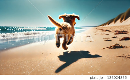 夏の砂浜を駆け回る子犬の後ろ姿 夏の砂浜を駆け回る子犬の後ろ姿 128024886