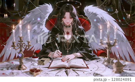 占いの館で占いを行う髪が長く羽をつけた女性のイラスト 128024891