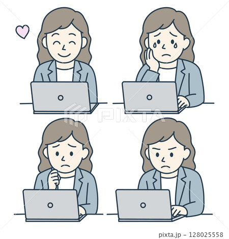 ノートPC作業中の若手女性・繊細な感情の4表情セット（青系カラー） 128025558
