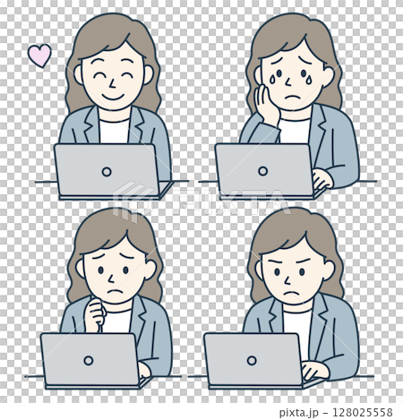 ノートPC作業中の若手女性・繊細な感情の4表情セット（青系カラー） 128025558