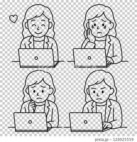 Young woman working on a laptop PC, set of four delicate facial expressions (line drawing) 128025559