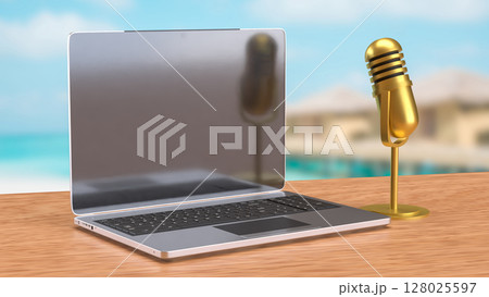 The Laptop and microphone for Pod cast or social media 3d render. 128025597