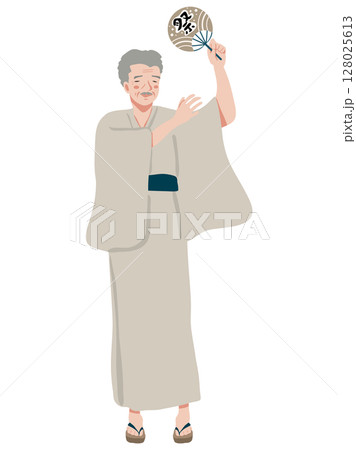 うちわを持って踊るシニア男性のイラスト 128025613